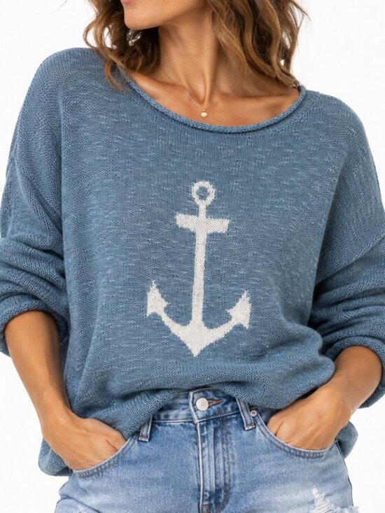 Marled Sweaters - Marled Blue Anchor Knit Sweater Coastal Nautical Lightweight Pullover Size M